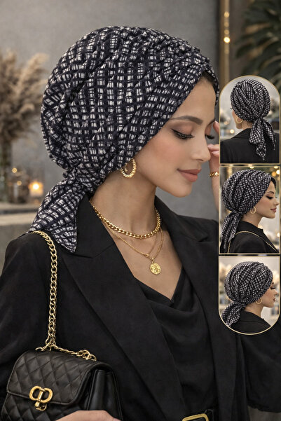 Aişe tesettür Black and White Patterned Buckle Bonnet