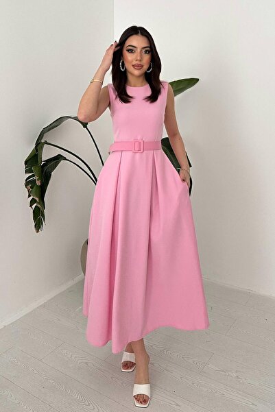 Caddebostan Moda Women's Crew Neck Belt Piece Flared Dress Pocketed Stylish E...