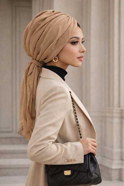 Aişe tesettür Бежова лента за коса с панделка от шифон