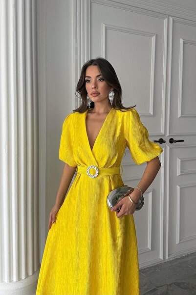 Caddebostan Moda Sparkling Belt Piece Double-Breasted Dress Balloon Sleeve Mi...