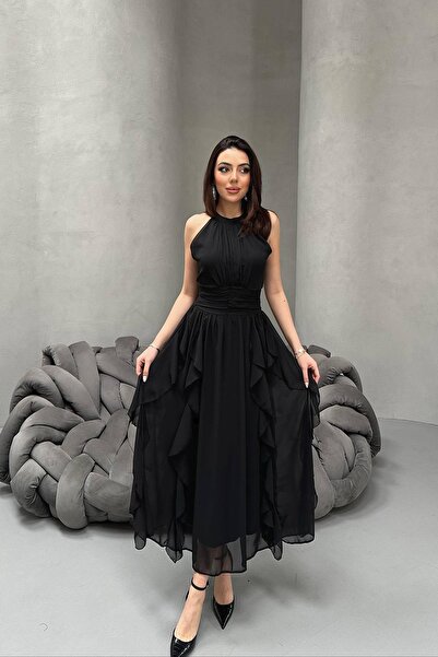 Caddebostan Moda Ruched Ruffles in Front Halter Neck Chiffon Evening Dress