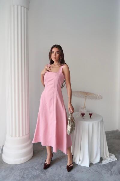 Caddebostan Moda Square Neck Double-Stitched Gabardine Midi Length Dress