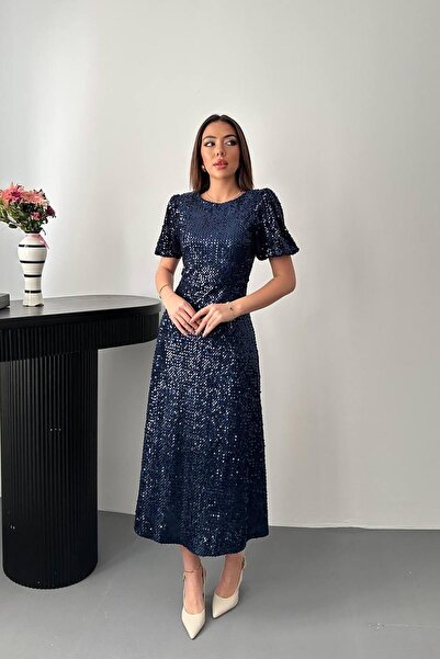 Caddebostan Moda Women's Sequined Midi Dress Crew Neck Short Sleeve Evening D...