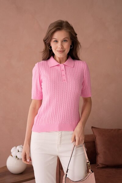 Noi Belis Bluză tricotată cu guler polo Saç cu detaliu tricotat SS26BZ0026