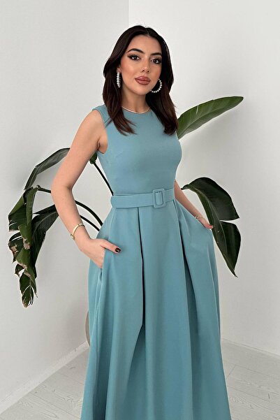 Caddebostan Moda Rochie de damă guler rotund curea în cloș cu buzunare Rochie...