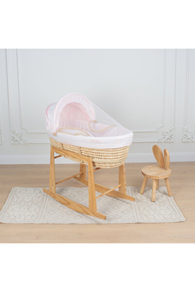 My Baby Moses basket made of straw with pink Orthopedic fabric and a wooden f...