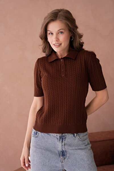 Noi Belis Bluză tricotată cu guler polo Saç cu detaliu tricotat SS26BZ0026