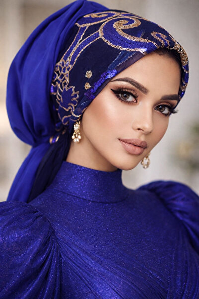 Aişe tesettür Saks Blue Sequined Evening Dress with Buckle Bonnet / Ready-Mad...