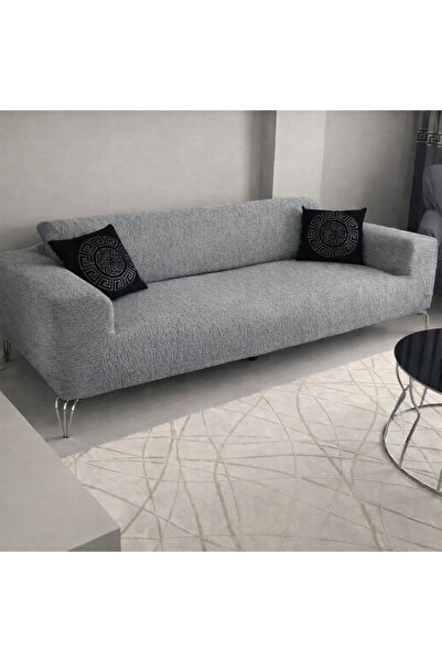 beyvetçe Düz Jakarlı 3 Kişilik Gri Kanepe Örtüsü | Lastikli Koltuk Örtüsü |çe...