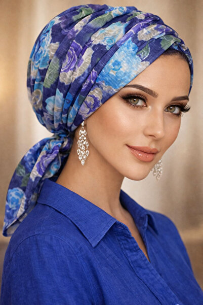 Aişe tesettür Синя тюркоазена лента за коса с флорални мотиви и катарама