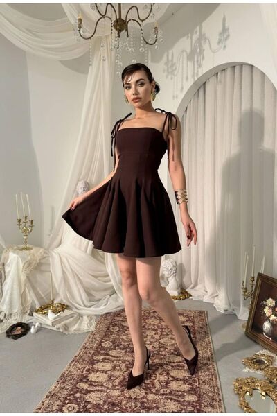 Fiyonk Askılı Pileli Mini Elbise
