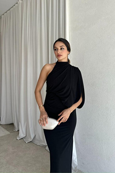 MOZENA One-Shoulder Draped Dress with Drape Detail