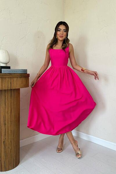 Caddebostan Moda Women's Thick Strap Square Neck Linen Midi Length Flared Dress