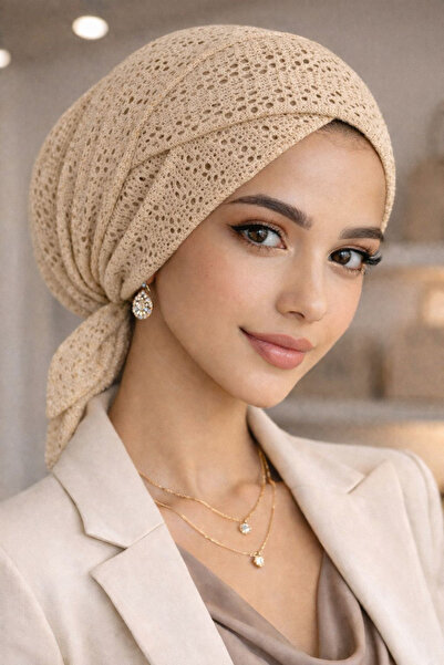 Aişe tesettür Σκούρα Κρέμα δαντελωτή πλέξη Σταυρωτό Κοντόφυλλο