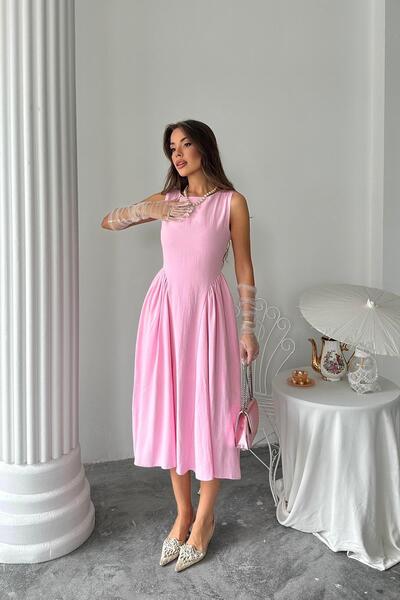Caddebostan Moda Midi Length Linen Dress with Gathered Sides