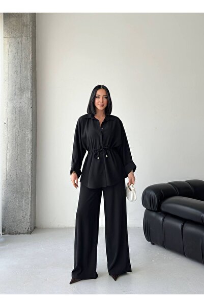 ALVOR Waist-Tie Draped Relaxed Fit Shirt and Wide-Leg Pants Top and Bottom Set