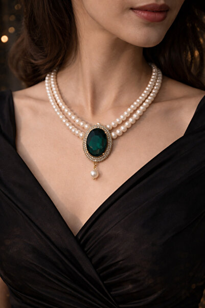 PORSE Zümrüt Renkli Kristal Taşlı Zirkon Detaylı Gerçek İstiridye İncili Koly...