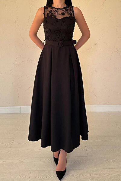 Caddebostan Moda Güpür Lace Detailed Belt Piece Midi Length Stylish Evening D...