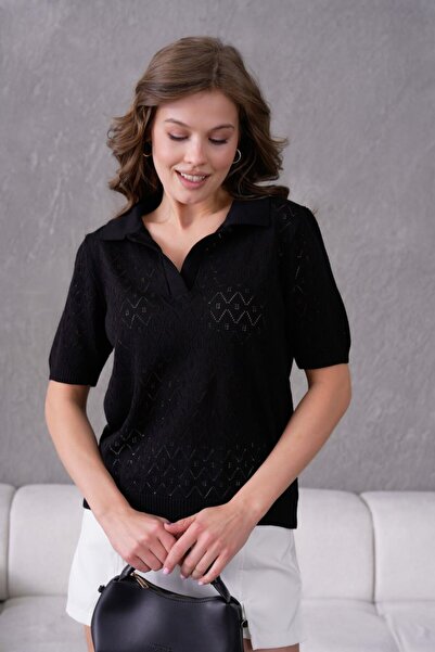 Noi Belis Πλεκτή μπλούζα με κοντό μανίκι και τρύπες στο γιακά πόλο SS26BZ0029