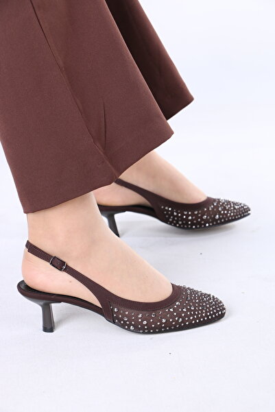 lolyvibe Women's Evening Dress Shoes with Stone Detail, Medium Heel, Open Back