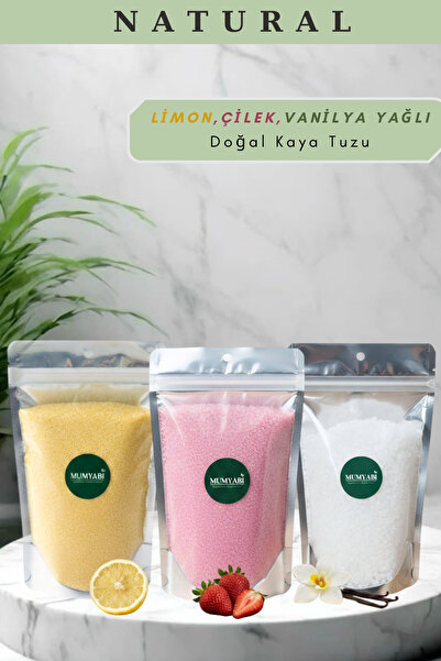MUMYABİ 3'lü Doğal Içerikli Limon-Çilek-Vanilya Yağlı Banyo Kaya Tuzu Manikür...