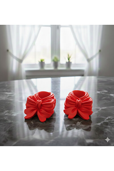 Liva 2’li Kırmızı Fiyonklu Dekoratif Şamdan – Modern & Şık Tasarım Mumluk Seti