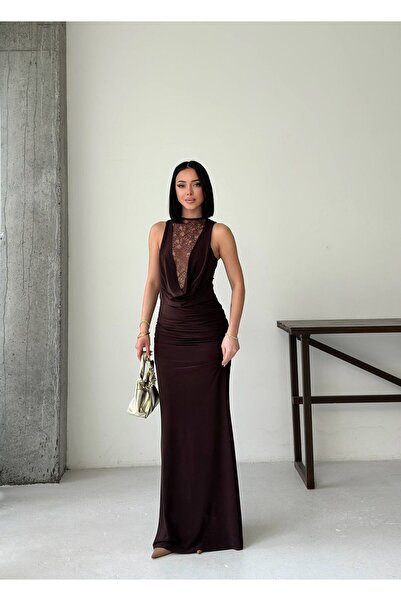 ALVOR Brown Lace Detail on Chest and Back, Drape Collar, Gathered Waist Women...