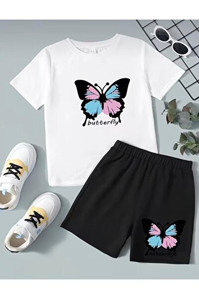 No Plan DEVOJČIČKI SET: BELA MAJICA I KRATKE HLAČE SA LEPTIRSKIM IZRAVOM