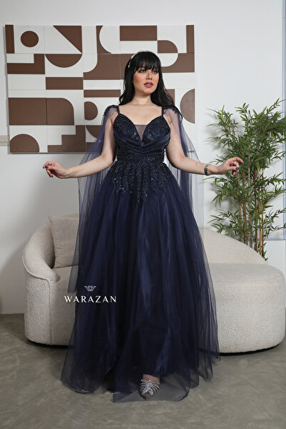 Warazan Embroidered evening dress with tulle sleeves