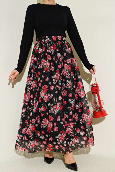 Lavanta Tekstil Floral Printed Laced Skirt