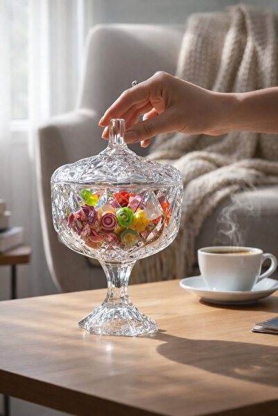 Paşabahçe Ayaklı Cam Şekerlik Kapaklı Kristal Desenli Lokumluk Çikolata Sunum...