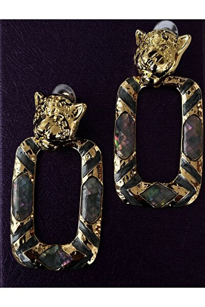 Silver İris Detaylı Geometrik Panter Başlıklı Büyük Boy Küpe