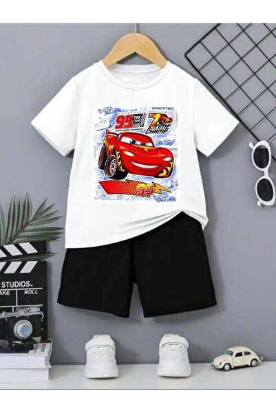 Kids Letnji crveni auto 95 Štampano dečaci crne šortseve, beli T-shirt set