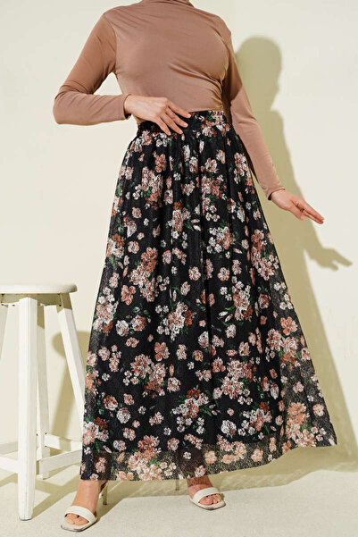 Lavanta Tekstil Floral Printed Laced Skirt