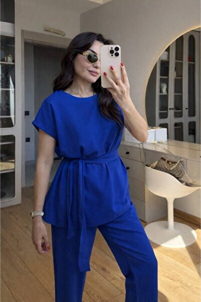 Modayakamoz Women's Blouse and Trousers Set with Shoulder Detail and Belt, Li...