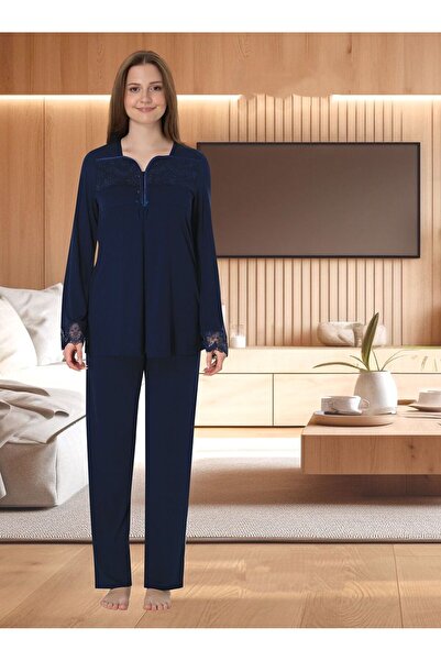 Effortt Dvina Maternity Long Sleeve Pajama Set - Navy Blue