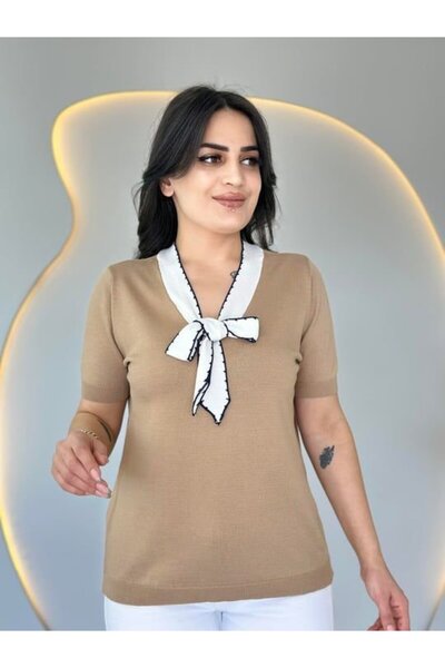 civetta Women's Short Sleeve V-Neck Scarf Detail Mercerized Knitwear Blouse