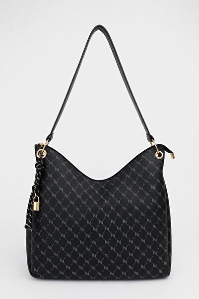 NOTHING Kadın Monogram Siyah Charm Detaylı Fermuar Kapamalı El ve Omuz Çantas...