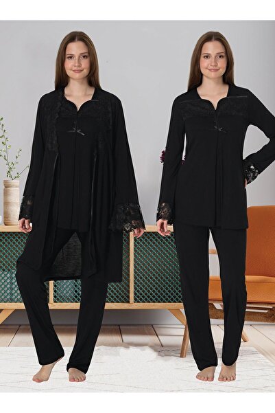 Effortt Dvina Lohusa Hamile Sabahlık ve Uzun Kollu Pijama Takımı - 3'lü Set -...