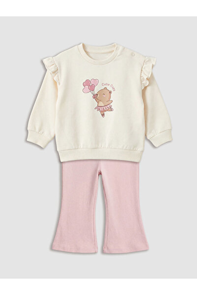 LC Waikiki مجموعة إلسيفا سويت شيرت وبنطلون رياضي مطبوع باللون البيج للفتيات ا...