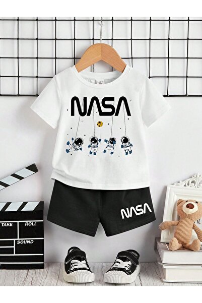 Kids Summer Nasa Swinging Astronauts Printed Boys' Black Shorts and White T-S...