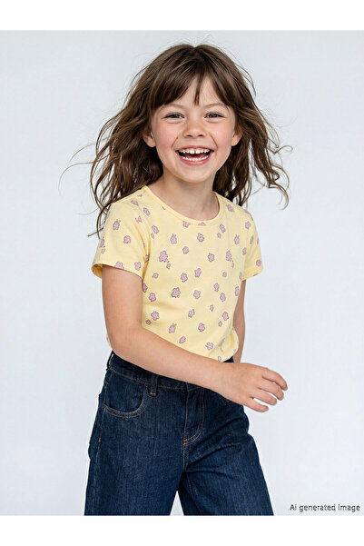 LC Waikiki Tricou galben cu guler rotund flori pentru fete