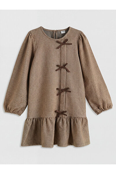 LC Waikiki Συλλογή Elsiva Καφέ Φόρεμα με λαιμόκοψη Λεπτομέρεια με φιόγκο Καρό...