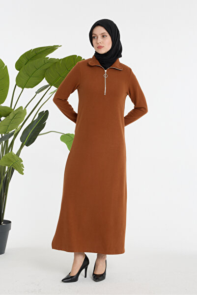 aymiramoda Zippered Collar Relaxed Fit Burgundy Long Dress