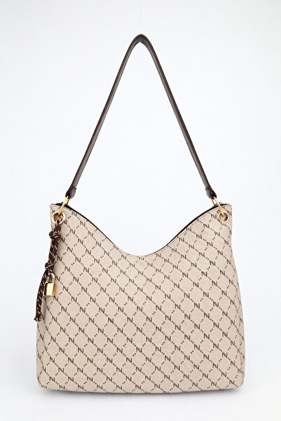 NOTHING Kadın Monogram VizonKahve Charm Detaylı Fermuar Kapamalı El ve Omuz Ç...