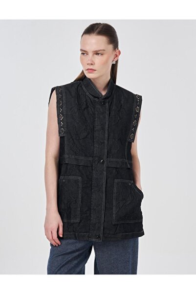 Kayra Hotfix Baskılı Kabartma Desen Yelek Siyah