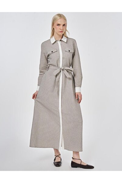 Kayra Kapak Cepli Gofreli Elbise Koyu Kahve