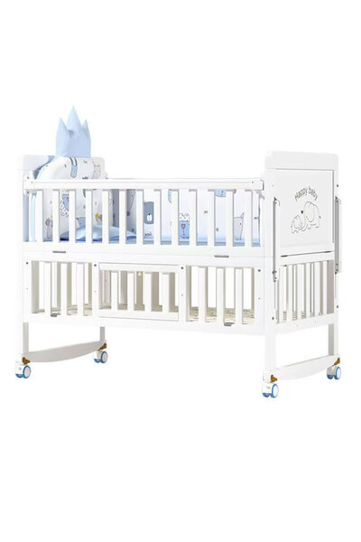 KidLe 4 in 1 Height Adjustable Wooden Mobile Crib Multi-Functional Wooden Bab...