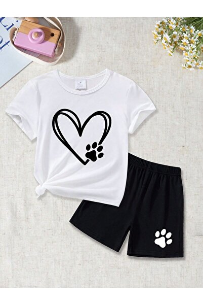 Kids Letnje crne šortseve za devojčice Heart Paw Štampano, beli set T-shirt