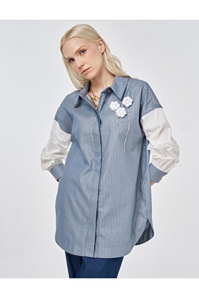 KYR Με λεπτομέρεια απλικέ Σχέδιο με γραμμές Βαμβάκι τεμαχίων Τουνίκ Ίντιγκο